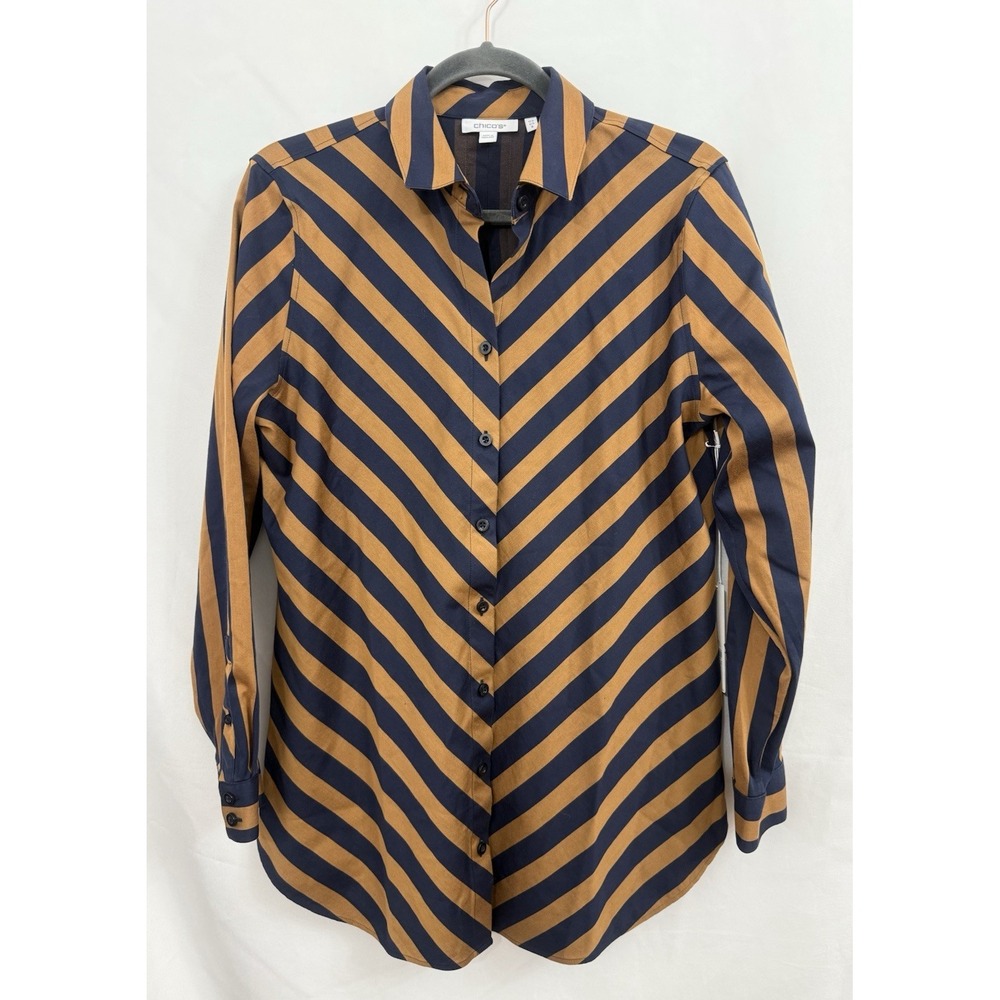 NWT Chico's Navy Brown Stripe Tunic‎ Button Front Shirt Womens Size 0.5 Small
